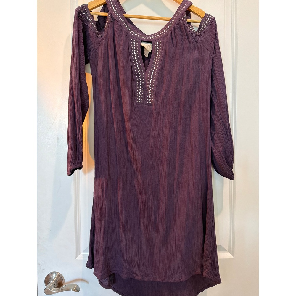 Knox Rose Purple Cold Shoulder Embellished Crinkle Rayon Shift Dress Small